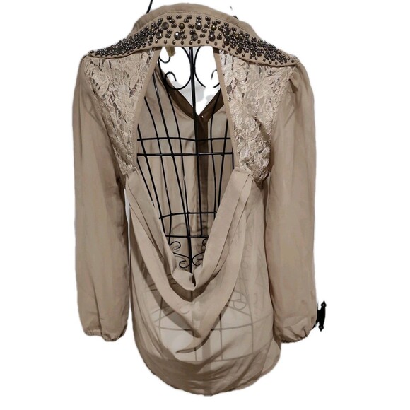 TRUTH NYC Top Womens Medium Brown Sheer Blouse 3/4 Sleeve Embroidered Open Back - Picture 2 of 14